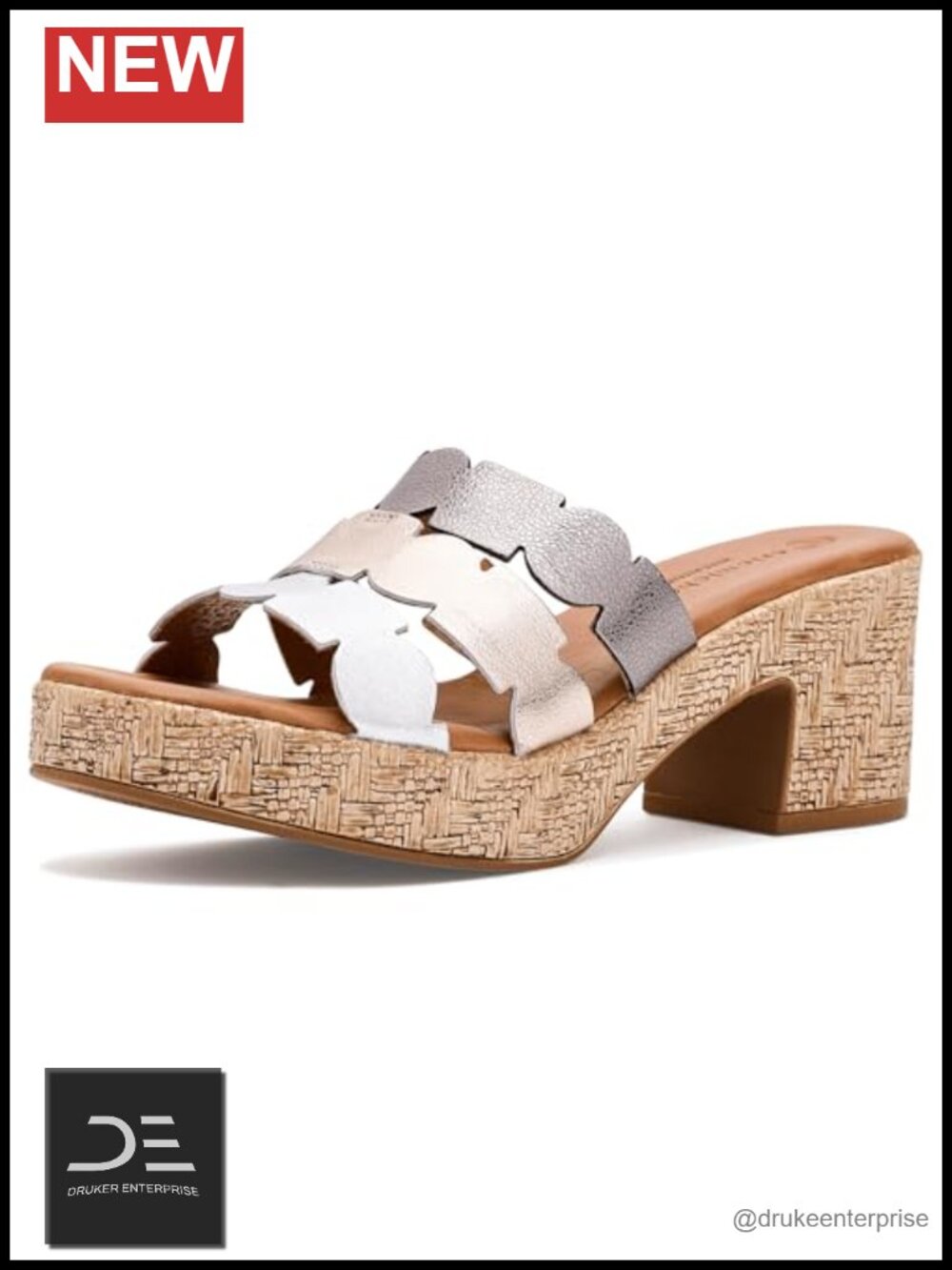 Strappy Leather Block Heel Sandals Slip-On Foam Insole